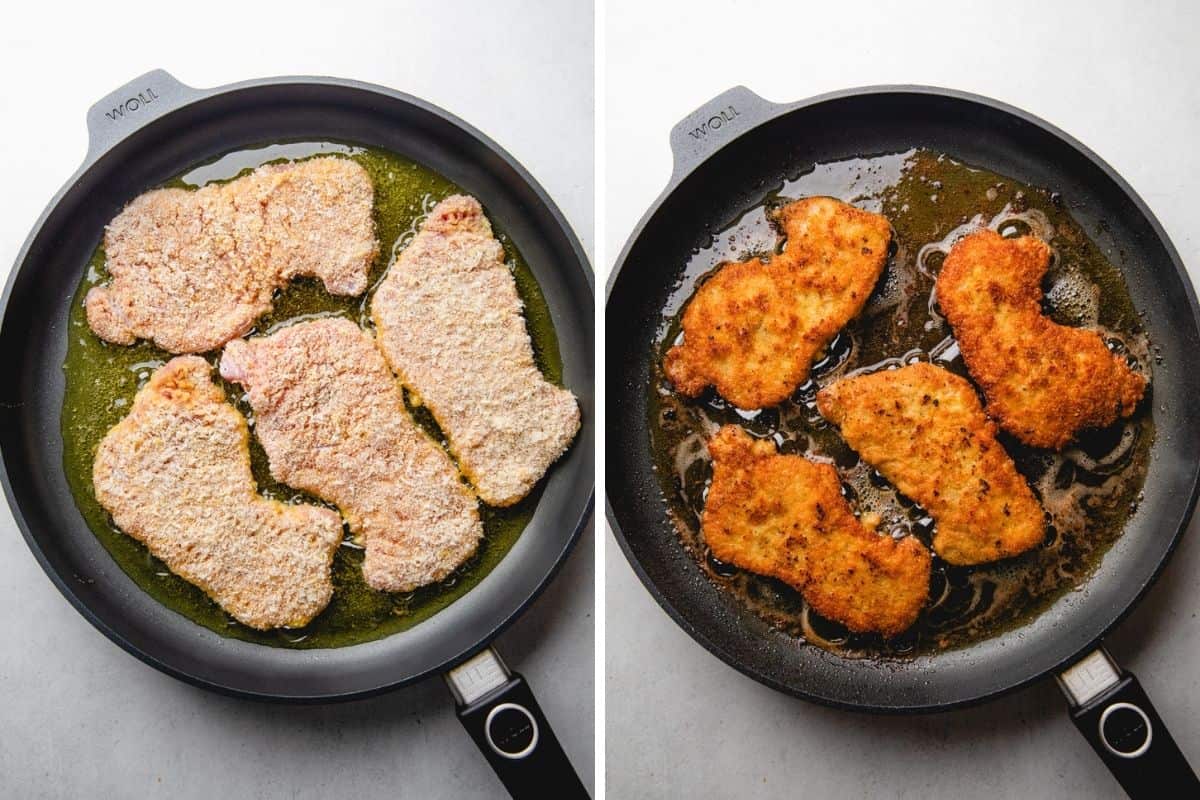 Process photos of pan searing breaded pork cutlets.