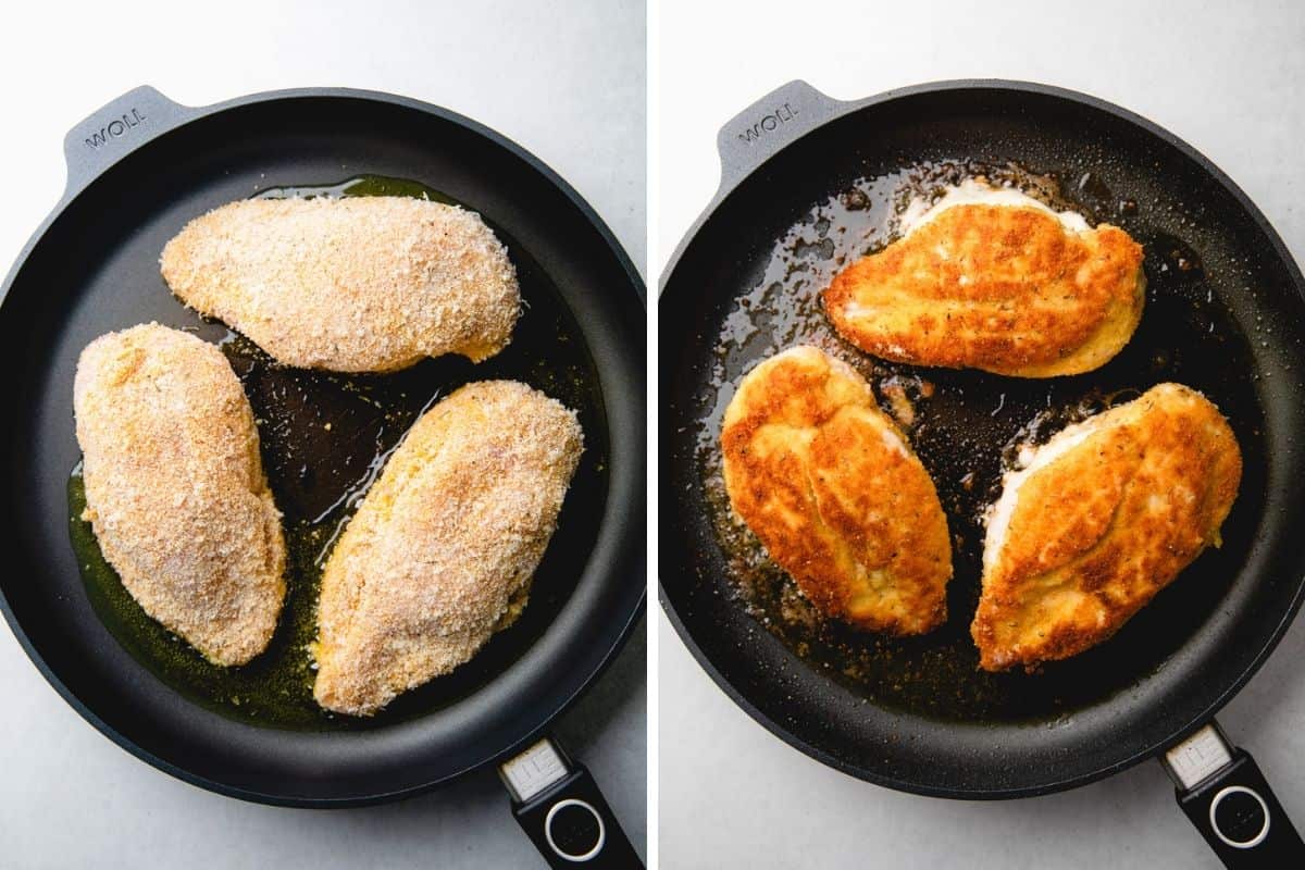 Process photos of pan searing breaded chicken , stuffed with mozzarella cheese.