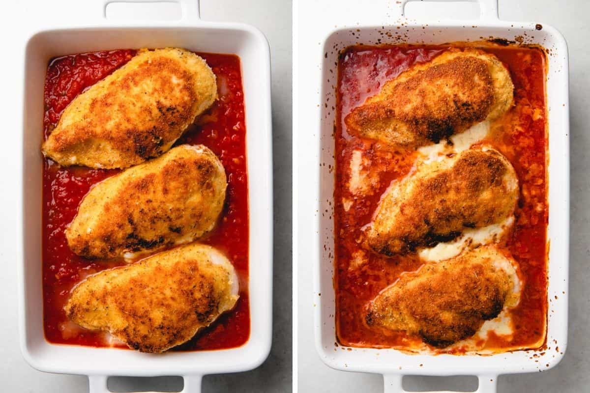 Breaded chicken in marinara sauce in a baking pan before and after baking.