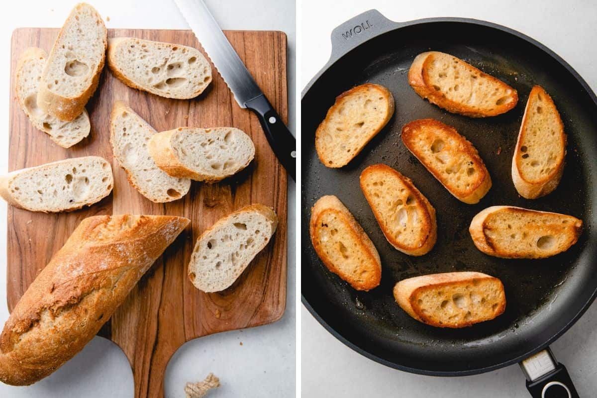 First photo: Sliced French loaf on a cutting board. Second photo: Toasted bread slices in a skillet.