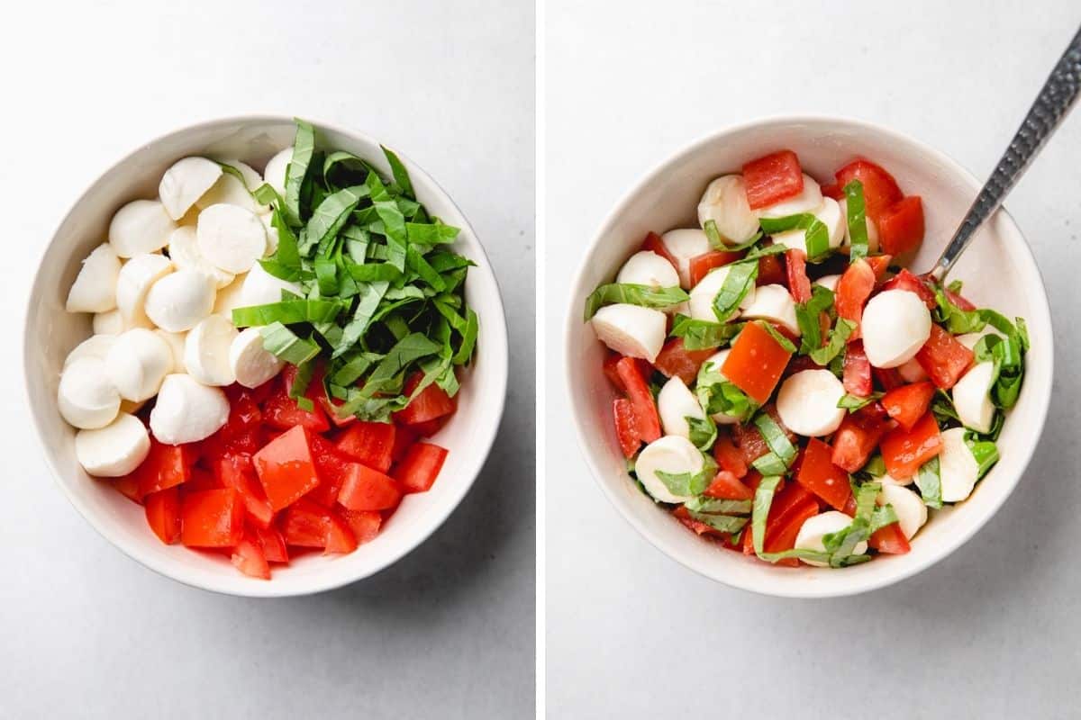 Diced tomatoes, mozzarella, and basil in a bowl.