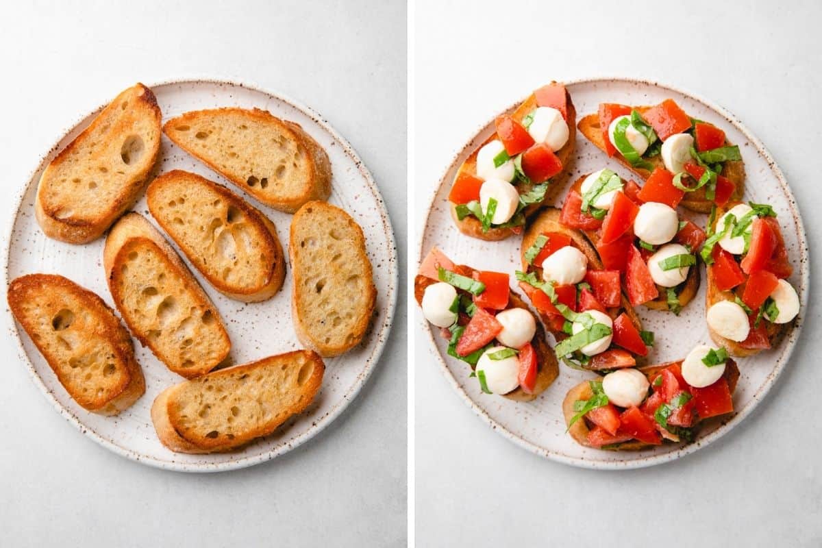 Toasted bread slices on a plate, topped with tomatoes, mozzarella, and basil.