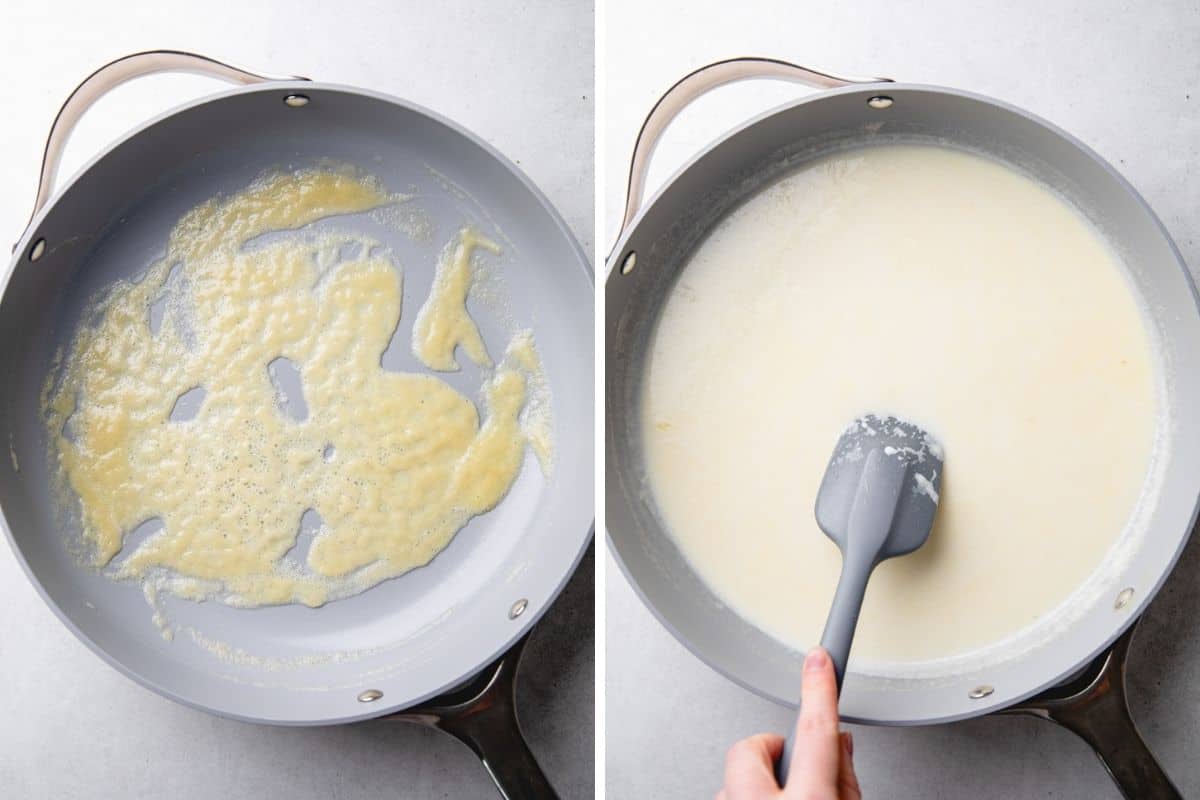 Process photos of cooking melted butter with flour.