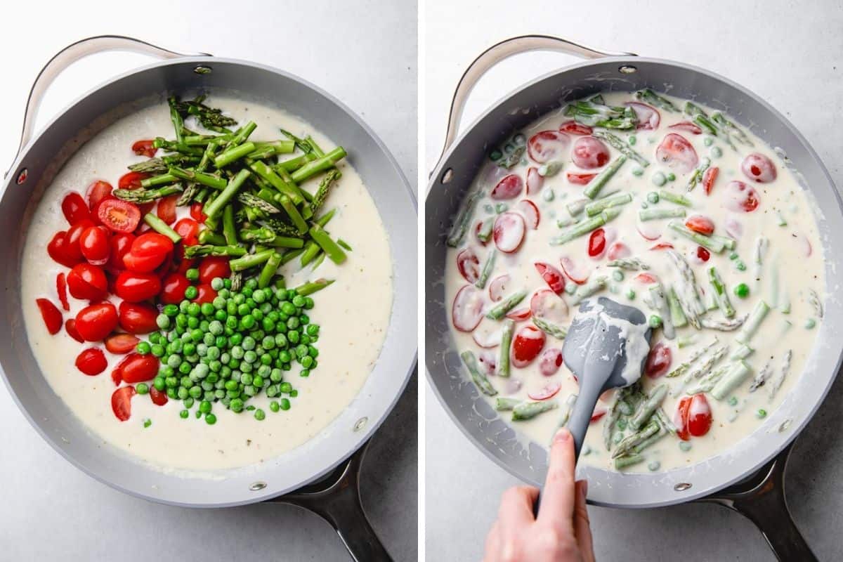 Process photos of adding cherry tomatoes, asparagus, and peas to creamy sauce.