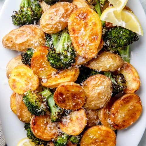Roasted Potatoes and Broccoli, , topped with grated Parmesan cheese.