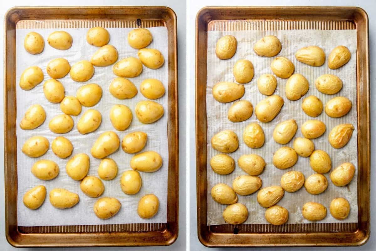 Process photos of roating potatoes on a baking sheet.