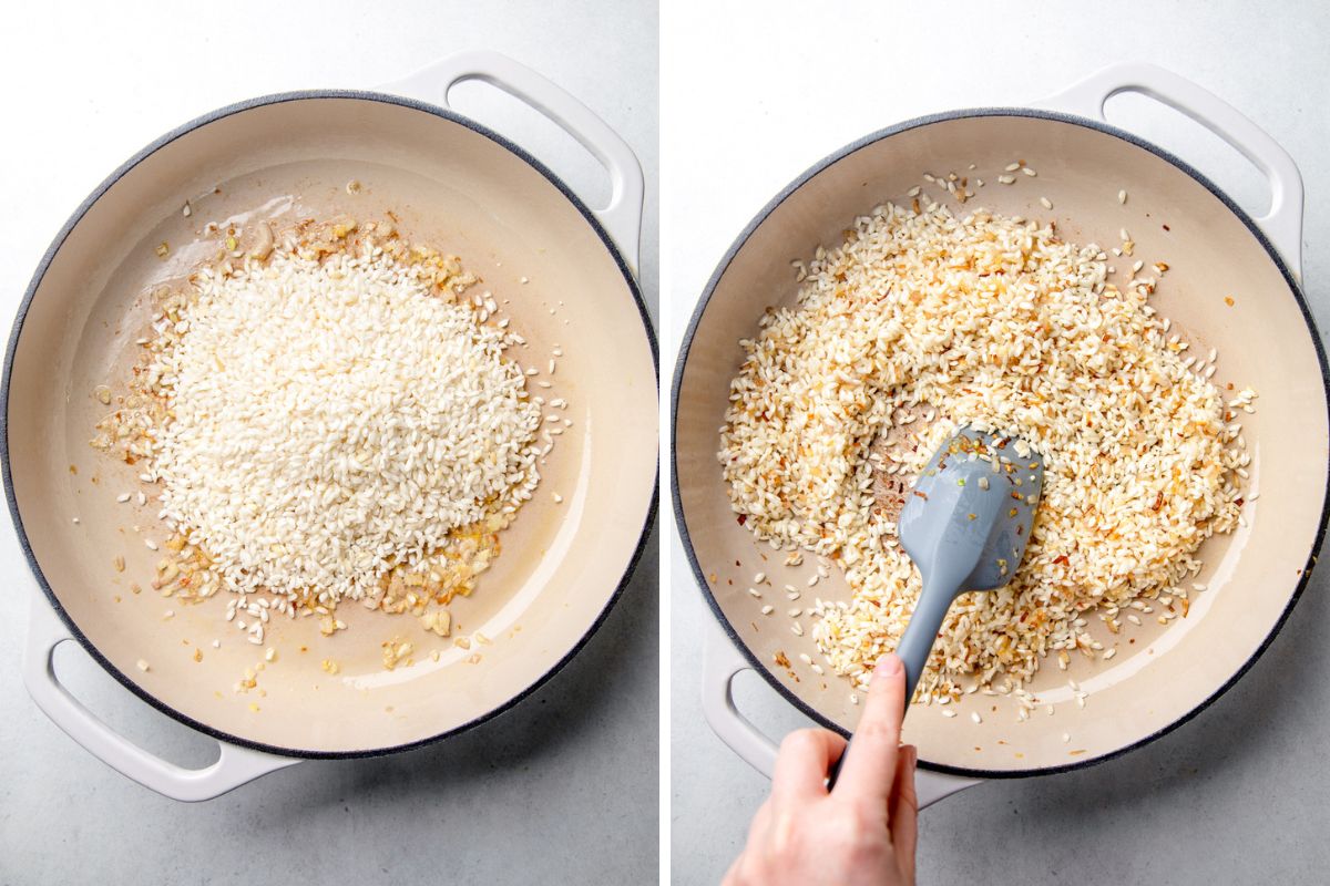 Process photos of stirring arborio rice with shallots in a skillet.