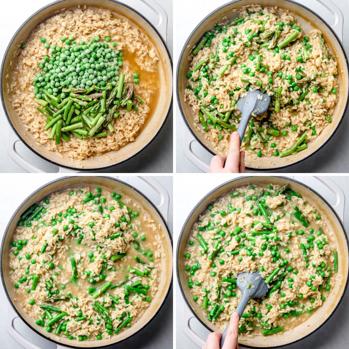 Process photos of adding peas and chopped asparagus to the risotto.