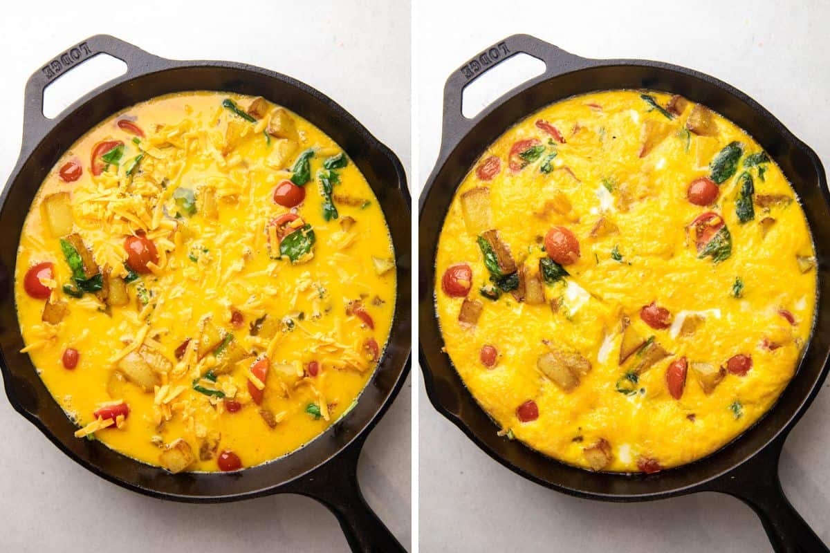 Frittata in a cast iron skillet before and after baking.