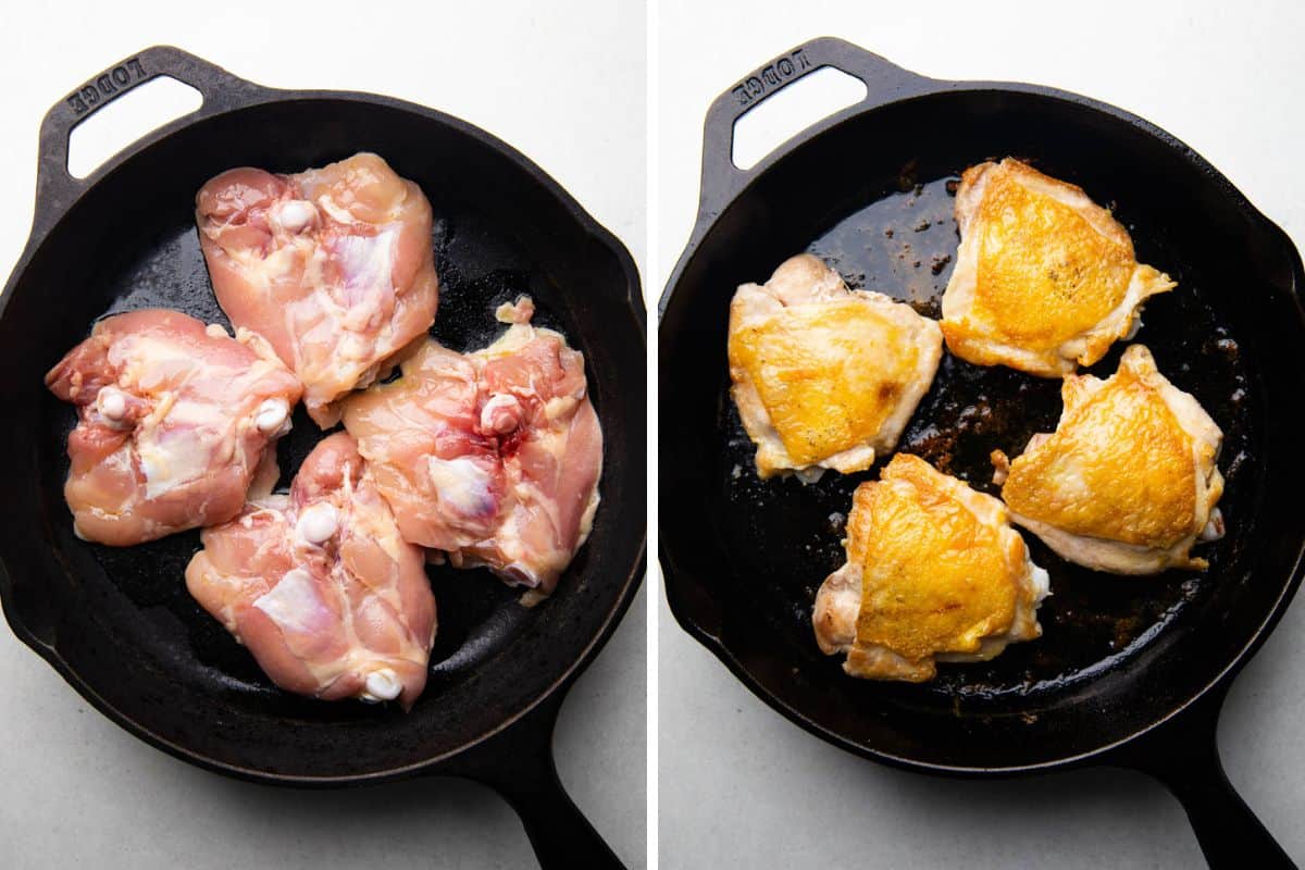 Process photos of searing chicken thighs in a skillet.