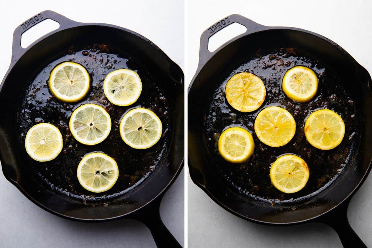 Process photos of searing lemon slices in a skillet.