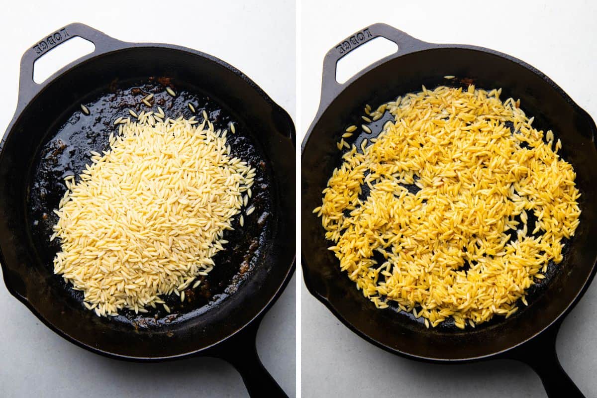 Process photos of toasting orzo in a skillet.