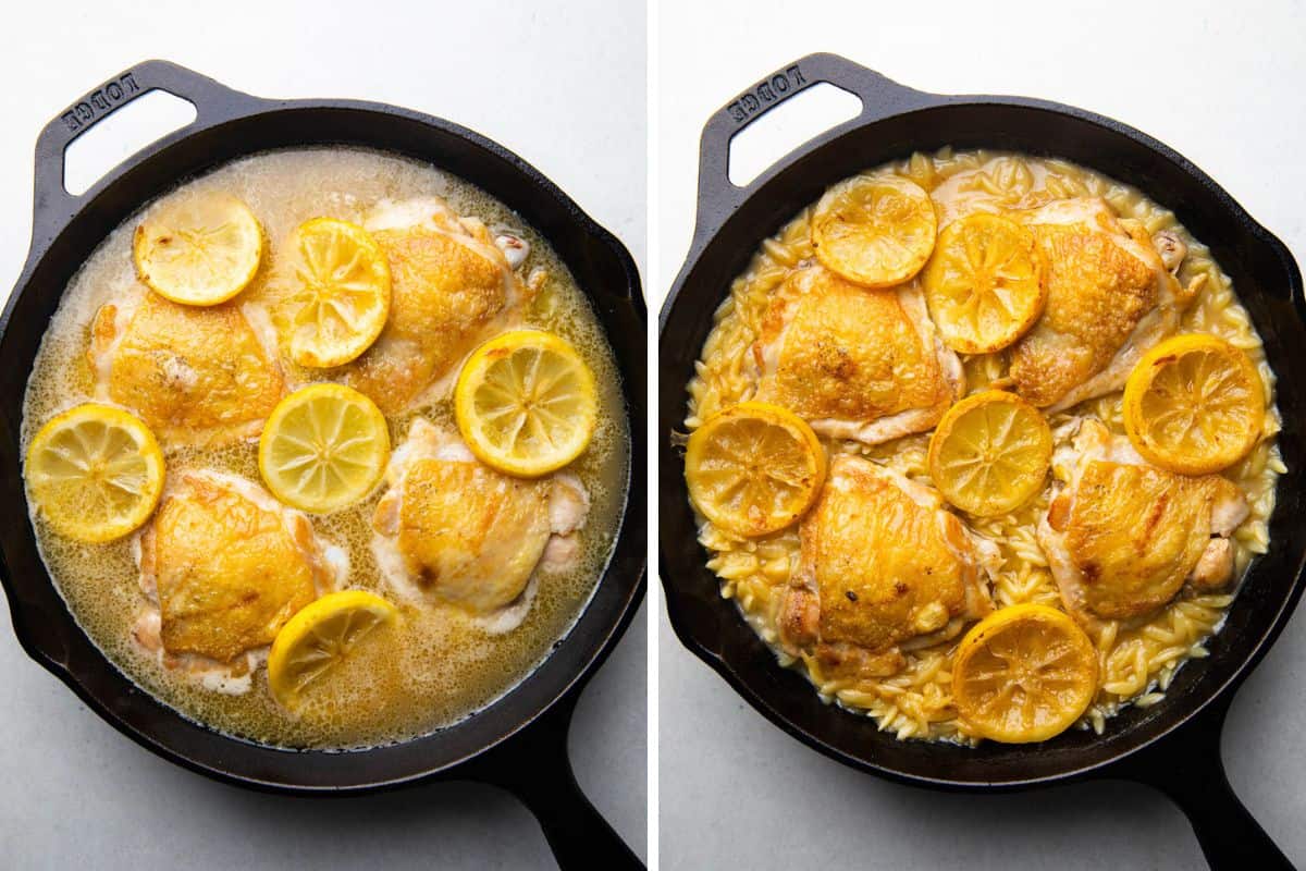 Chicken thighs, orzo, and lemon slices before and after baking.
