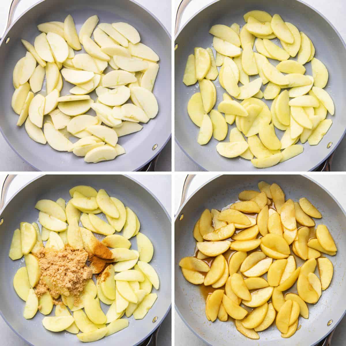 Process photos of caramelizing apple slices in a skillet.