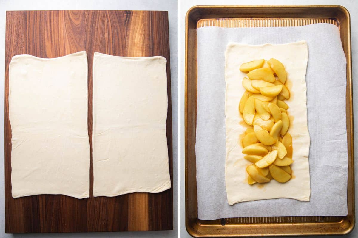 Process photos of cutting puff pastry dough and filling it with apple slices.