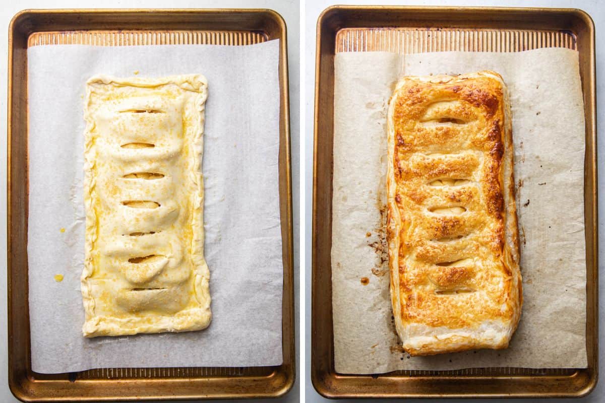 Apple Pie with Puff Pastry before and after baking.