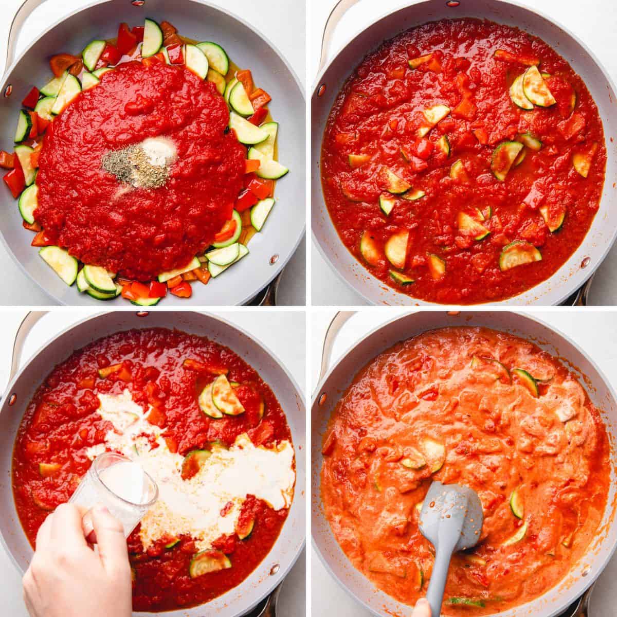 Process photos of adding tomato sauce, seasoning, and heavy cream to the cooked vegetables.
