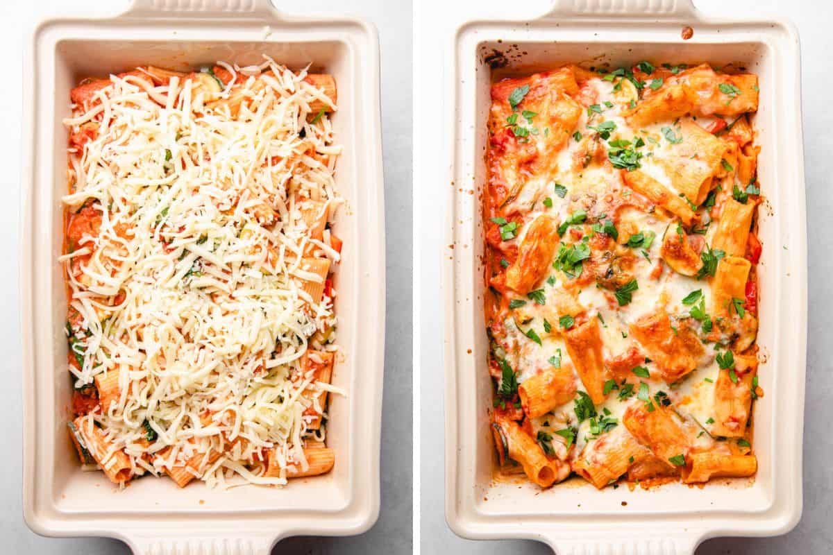 Pasta with vegetables, topped with cheese, before and after baking.