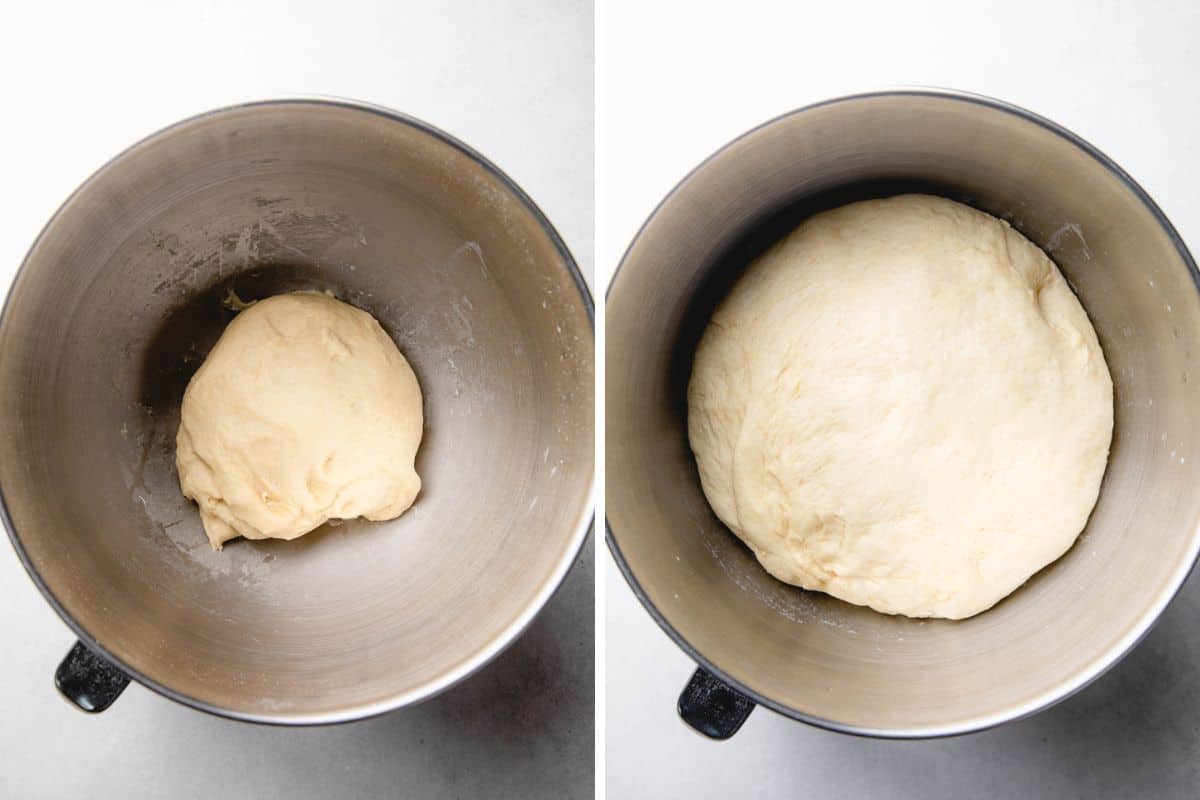 Dough in a mixing bowl, before and after rising.