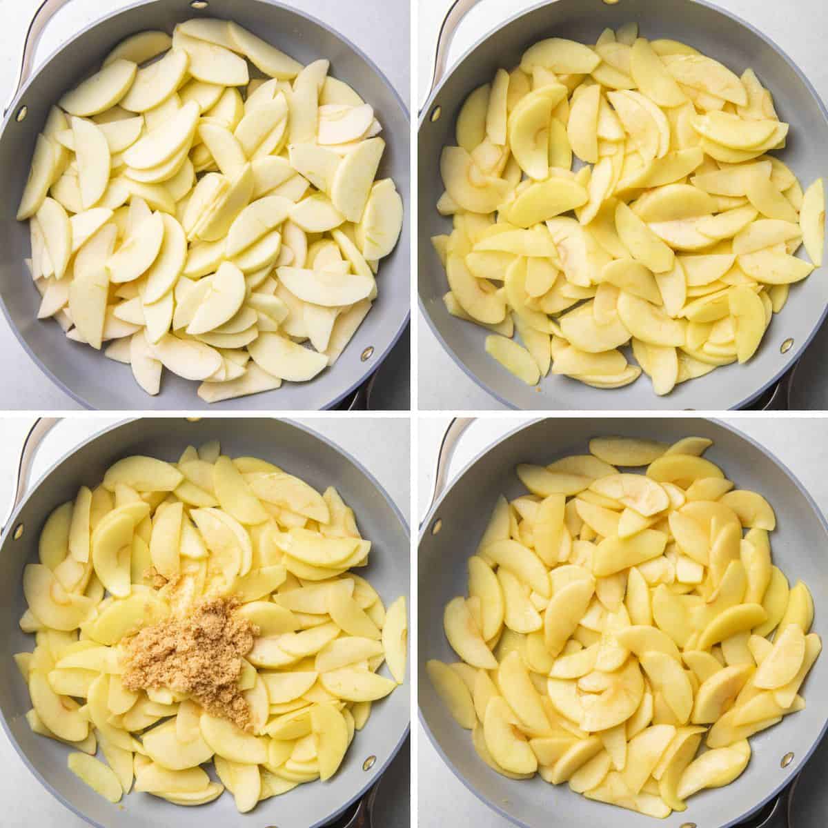 Process photos of cooking apple slices in a skillet.