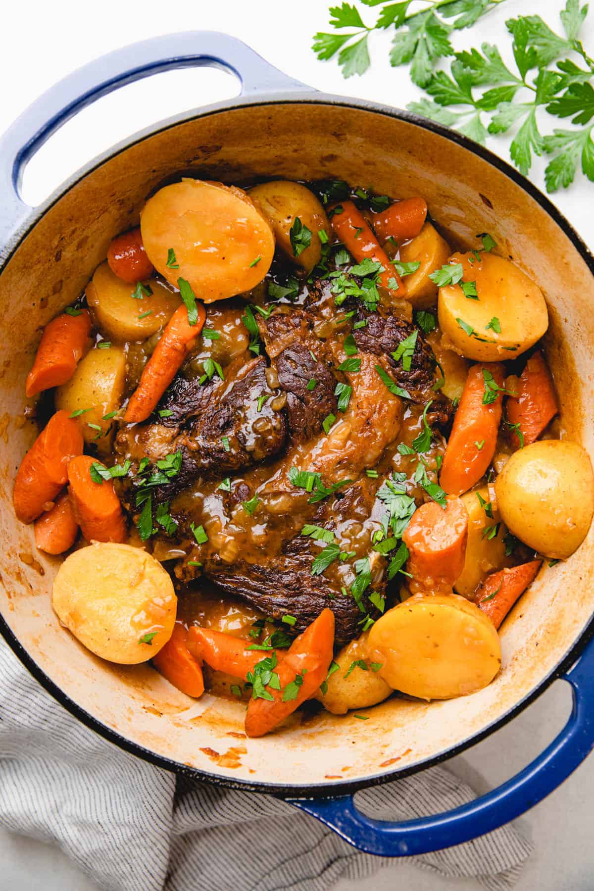 Pot Roast with carrots and potatoes in a Dutch Oven.