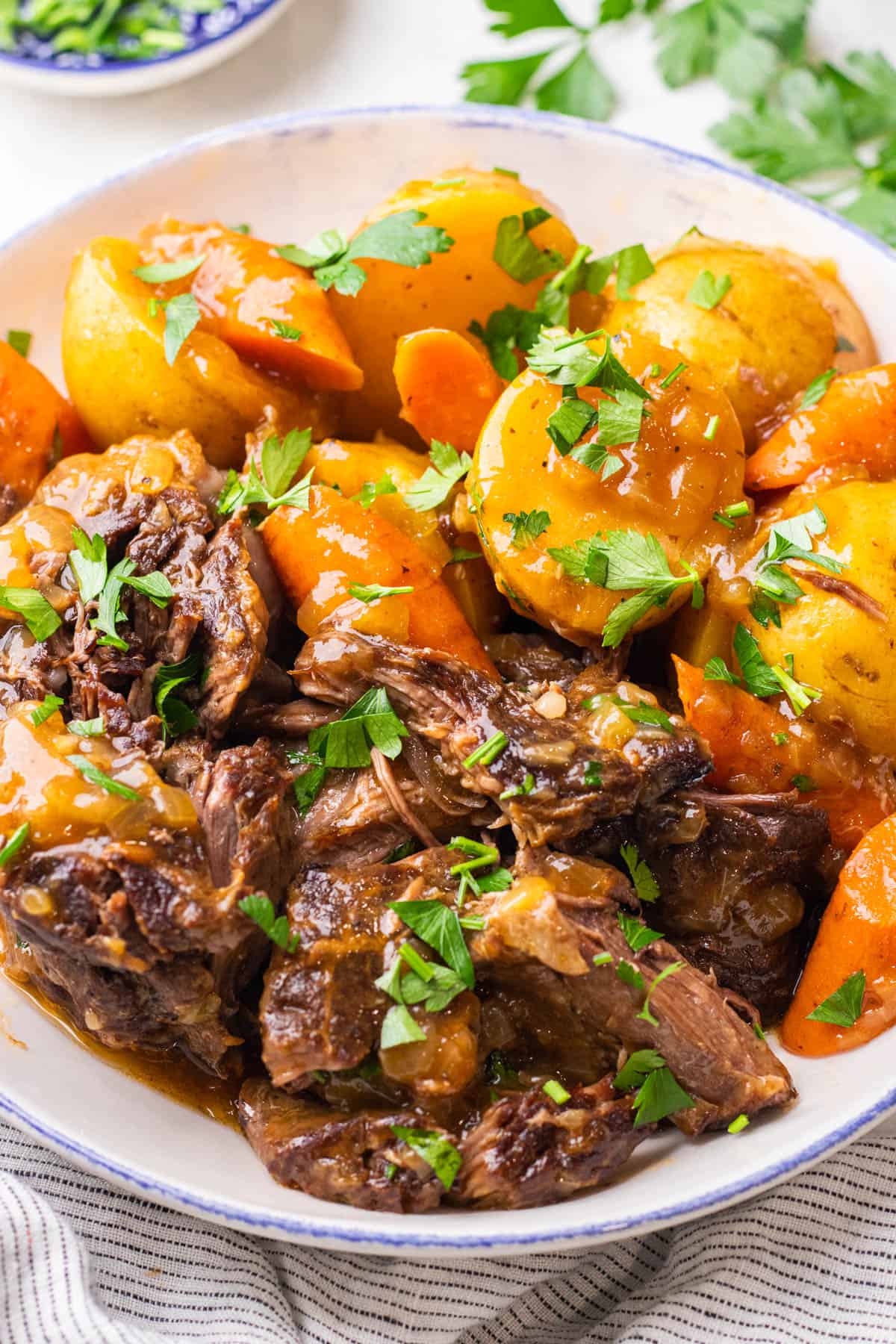 Pot roast with carrots and potatoes on a plate.