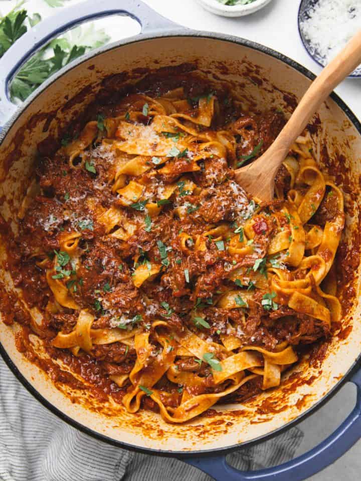 Short Rib Ragu with Pappardelle in a Dutch oven.