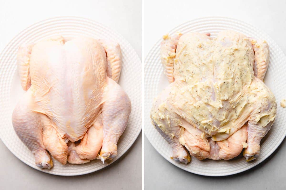 Whole chicken beofre and after rubbed with butter and herbs.
