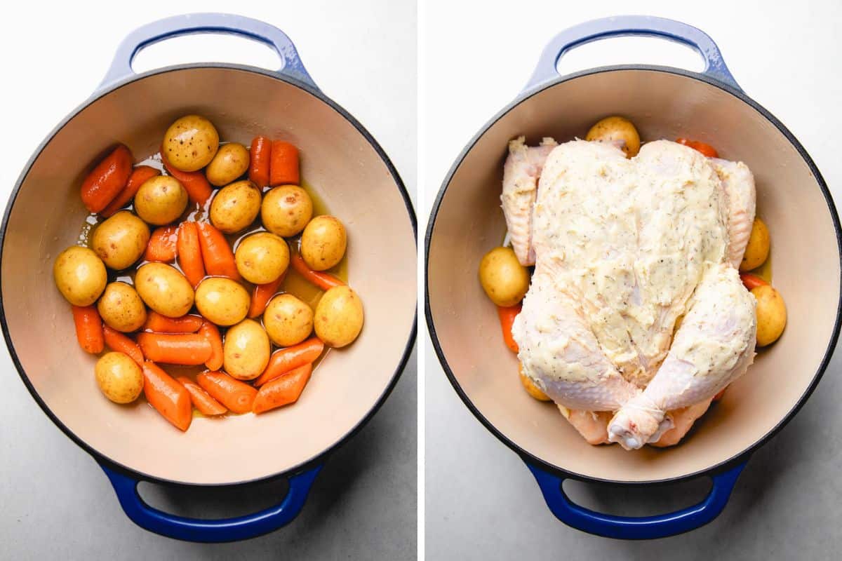 Baby potatoes, carrots, and whole chicken in a Dutch oven.