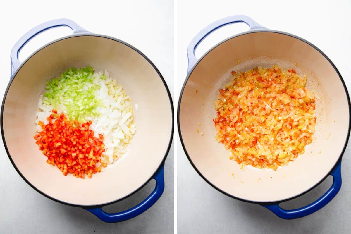 Process photos of searing onion, celery, and red bell pepper in a Dutch oven.