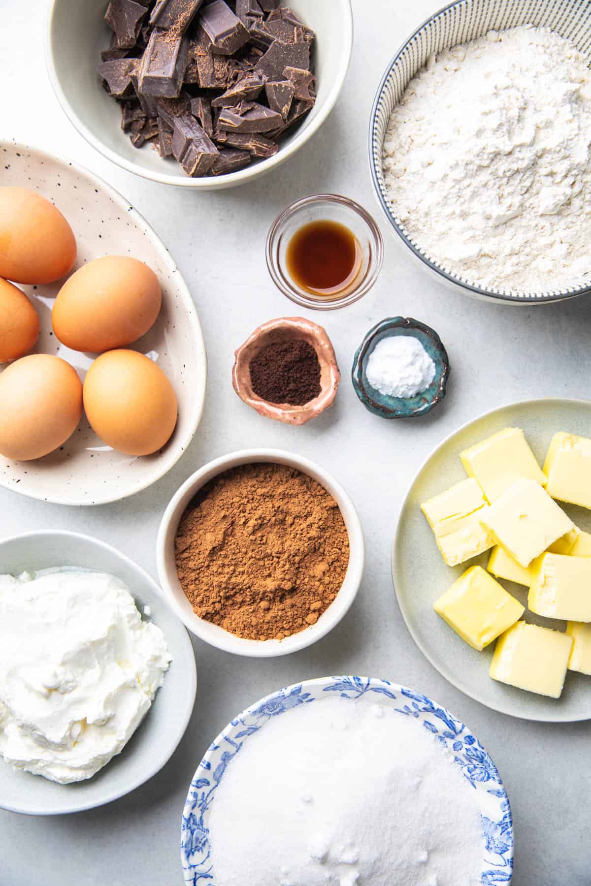 Separate ingredients to make chocolate bundt cake.