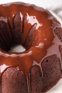 Chocolate bundt cake, topped with chocolate ganache.