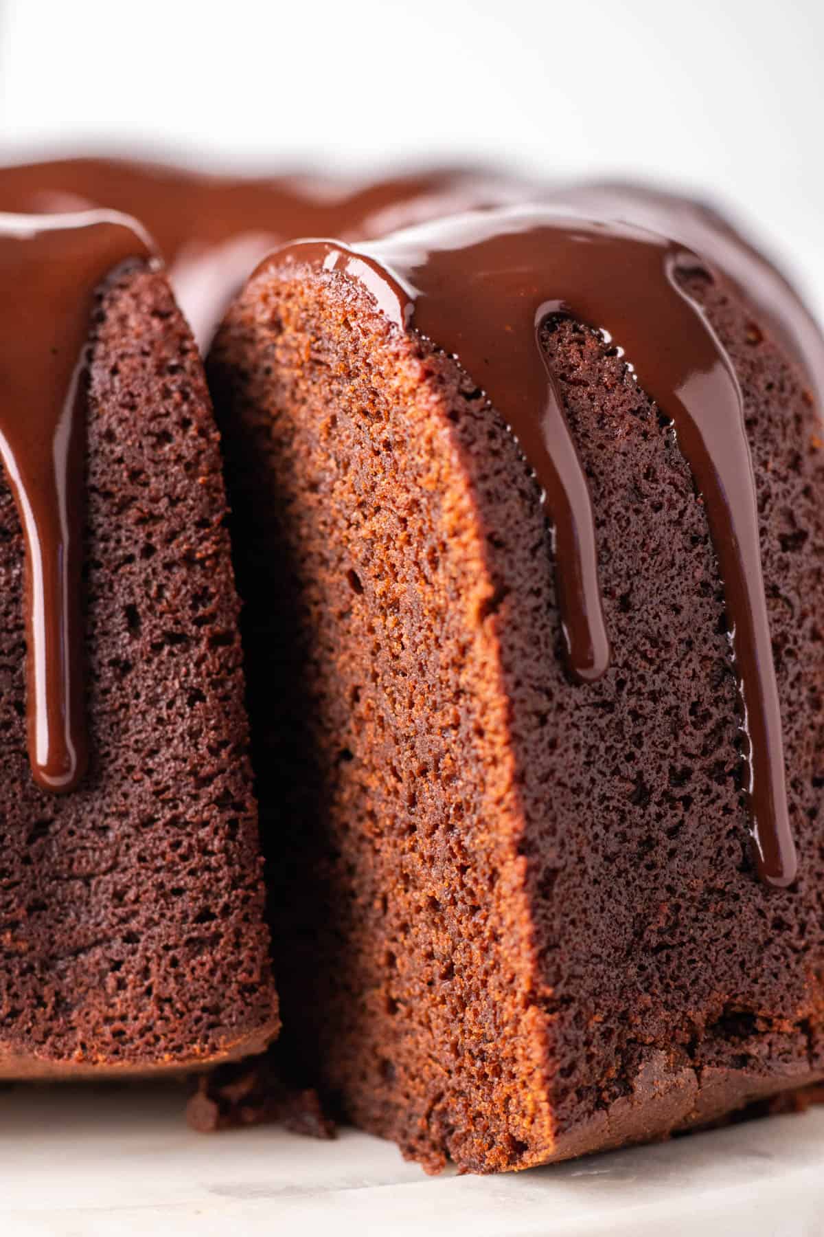 Chocolate bundt cake, topped with chocolate ganache.