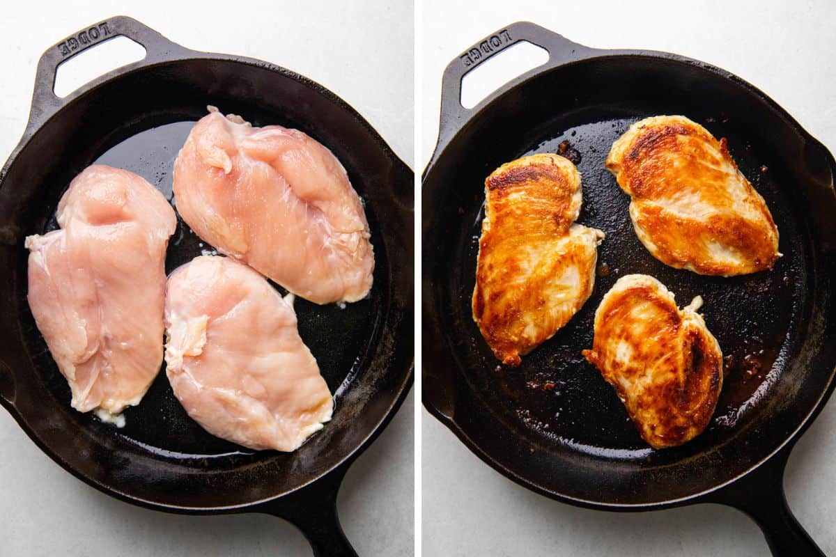 Process photos of cooking chicken breast in a skillet.