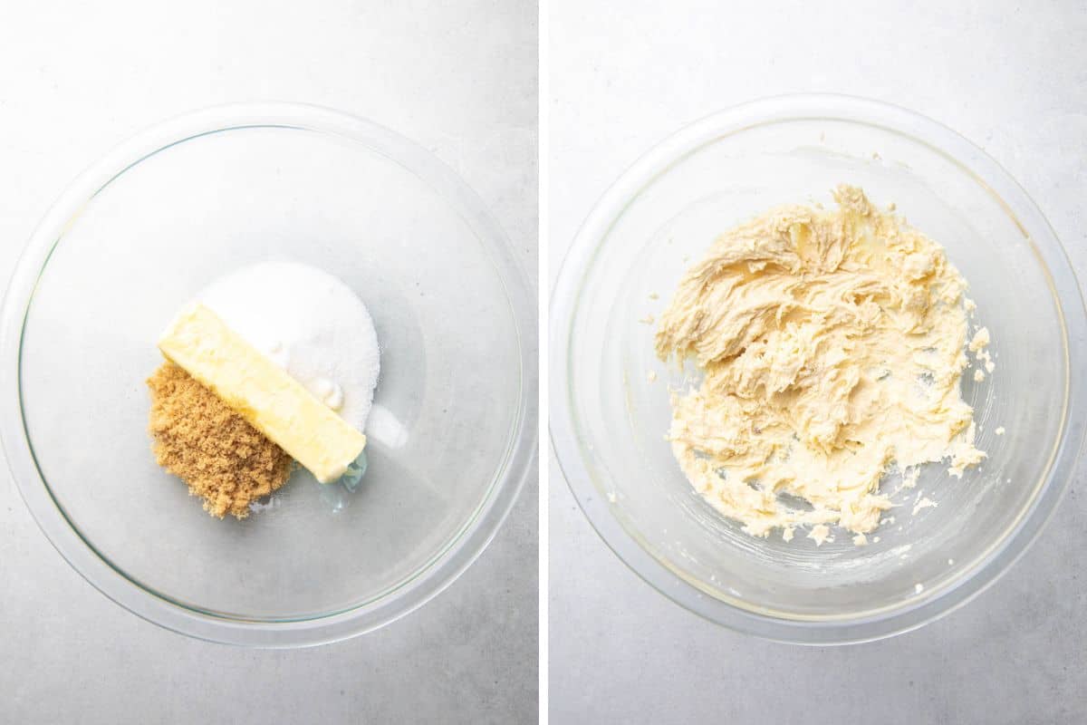 Process photos of mixing butter with sugar.