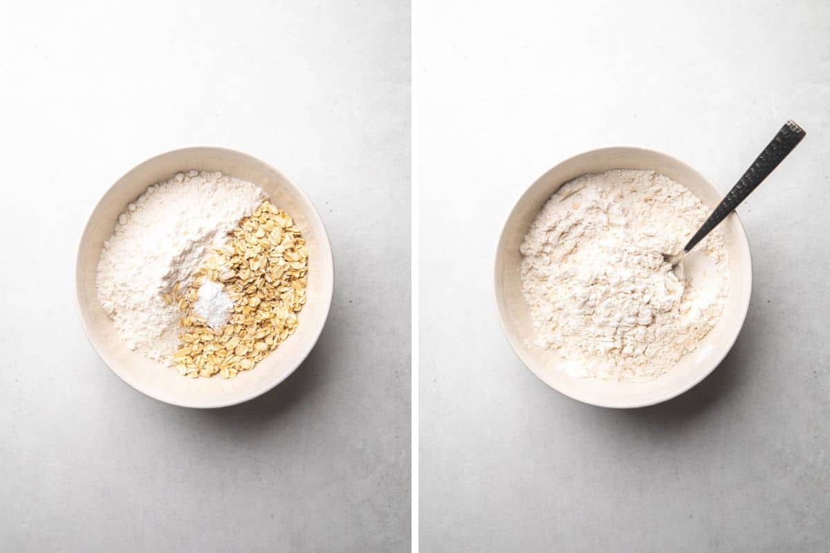 Process photos of mixing flour with rolled oats.