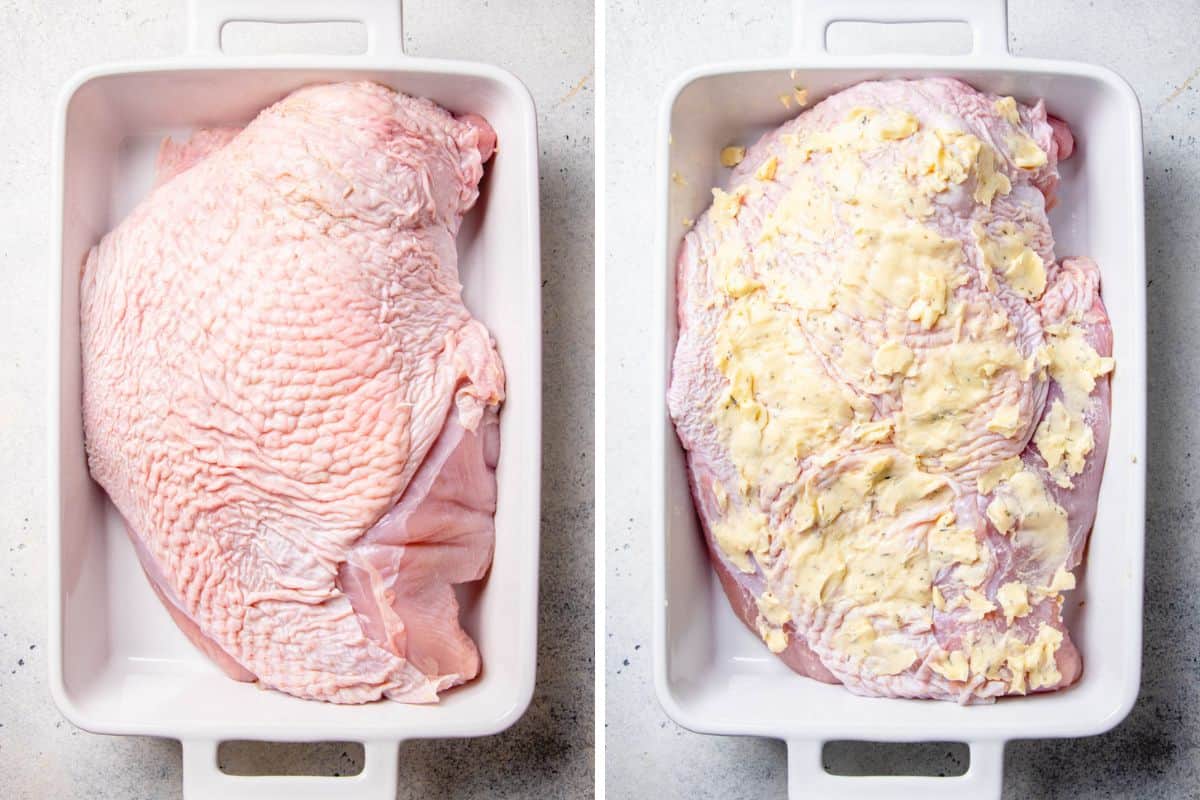 Process photos of covering a turkey breast with herbed butter mixture.