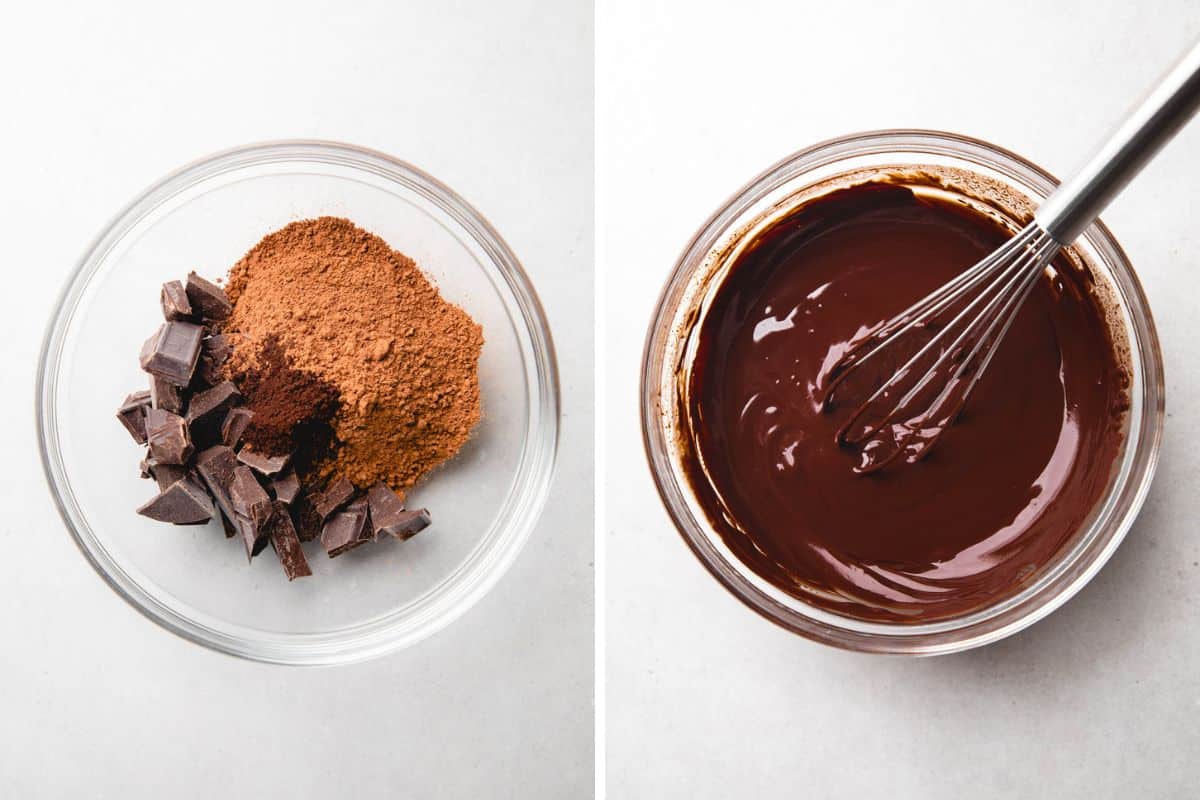Process photo of mixing chopped chocolate, cocoa powder, expresso powder with boiling water and mixing everything together.