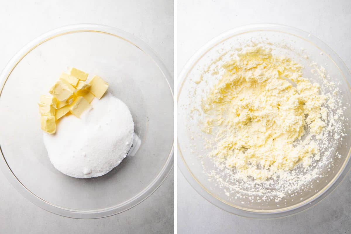 Process photos of mixing butter and granulated sugar.