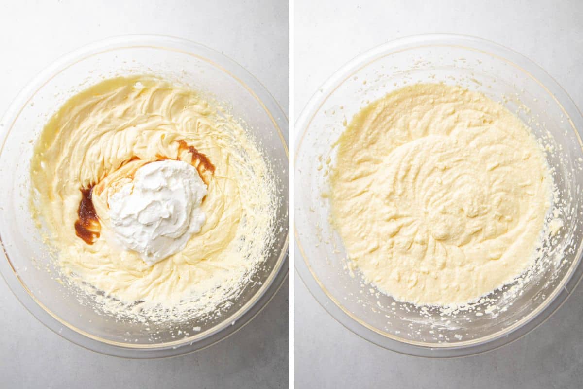Process photos of adding sour cream and vanilla extract to cake batter.