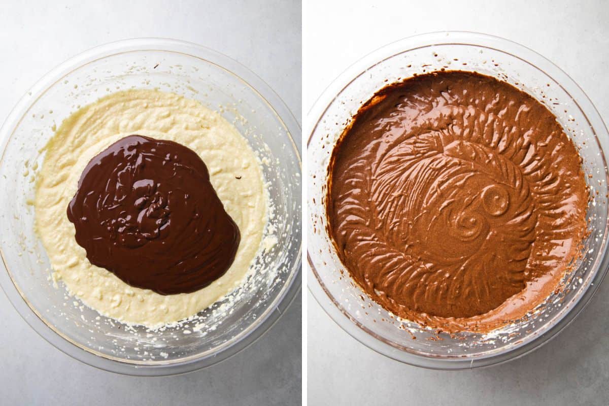 Process photos of adding melted chocolate to the cake batter.