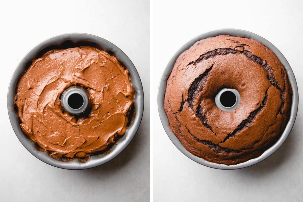 Chocolate cake in a bundt pan before and after baking.