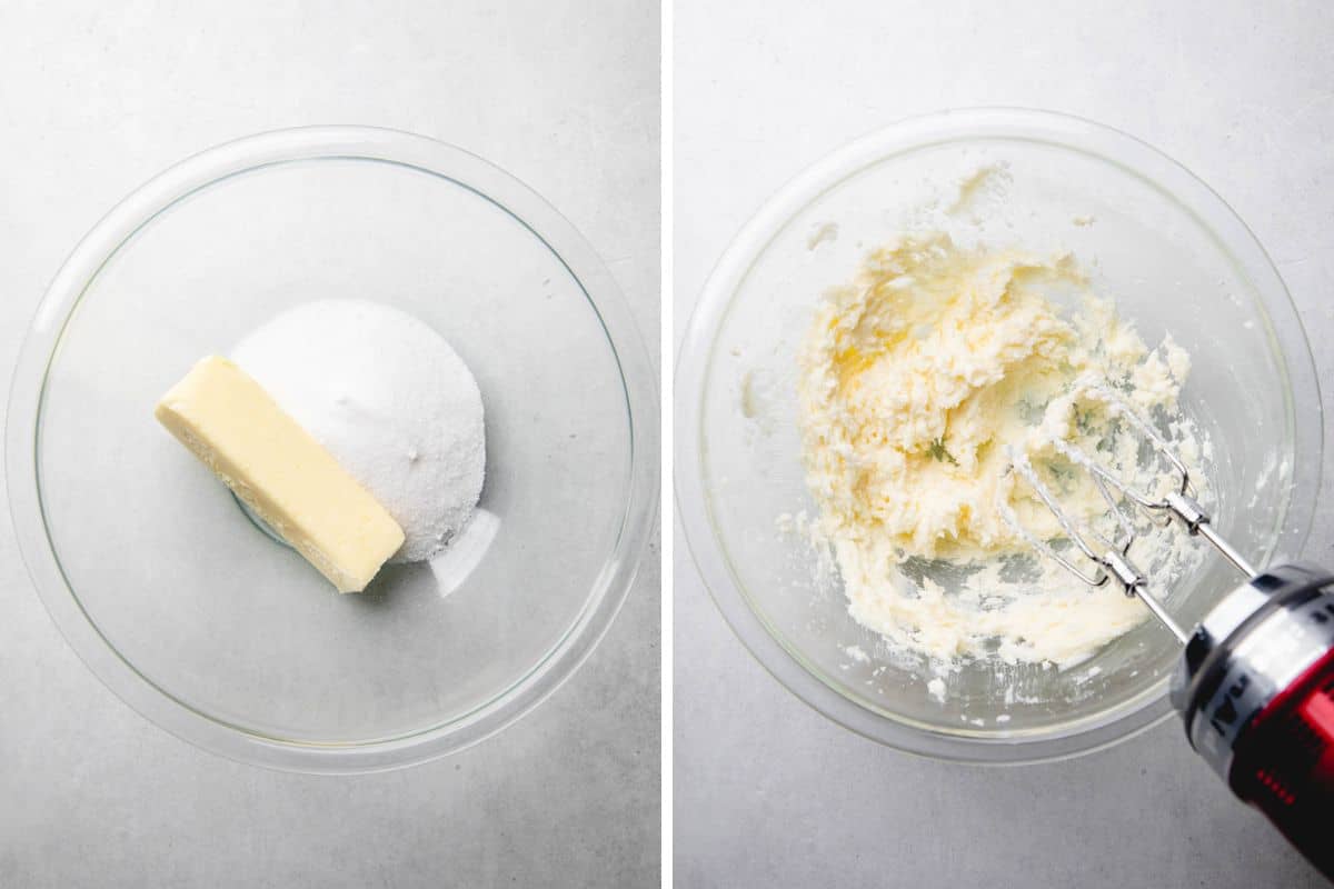 Process photos of mixing butter and sugar in a mixing bowl.