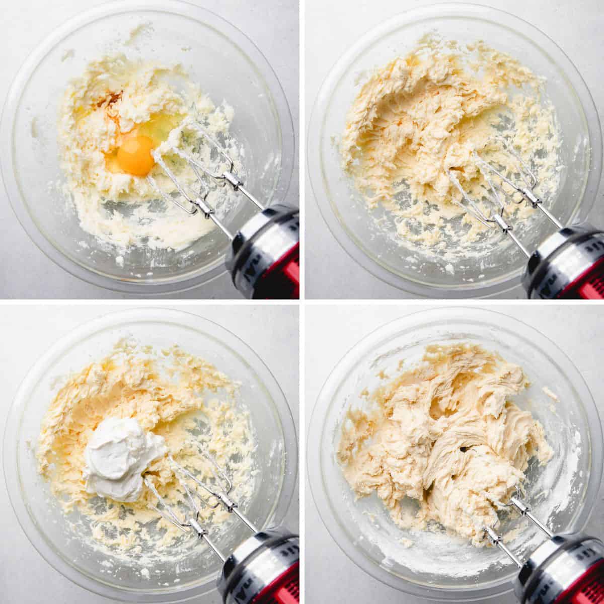 Process photos of adding egg, sour cream, and vanilla extract to cookie dough.