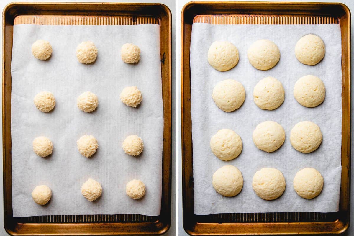 Cookies on a baking sheet before and after baking.