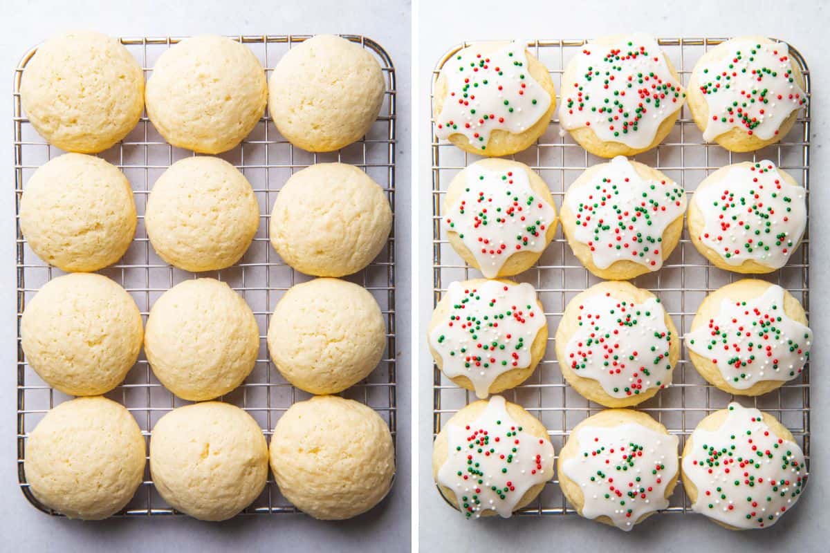 Cookies on a wire rack before and after decorating with sugar icing and sprinkles.