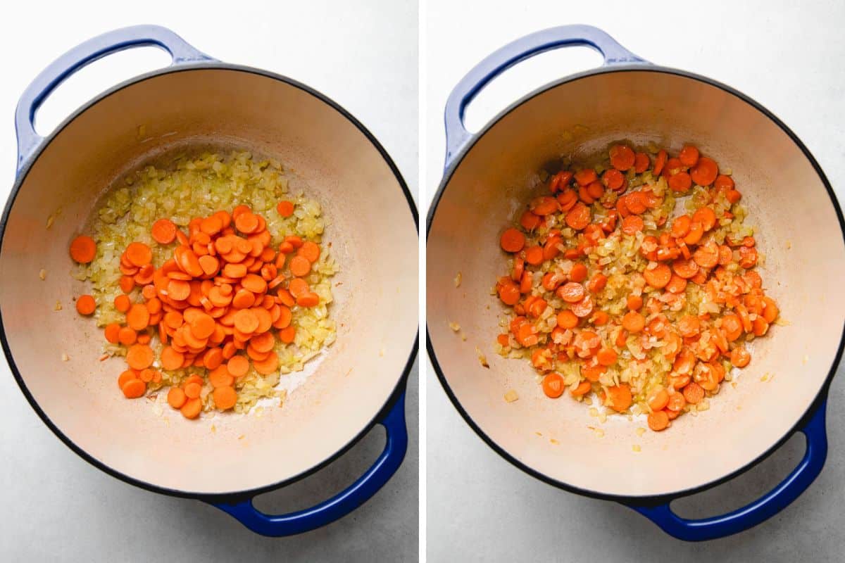 Process photos of adding diced carrots to seared onion and celery.