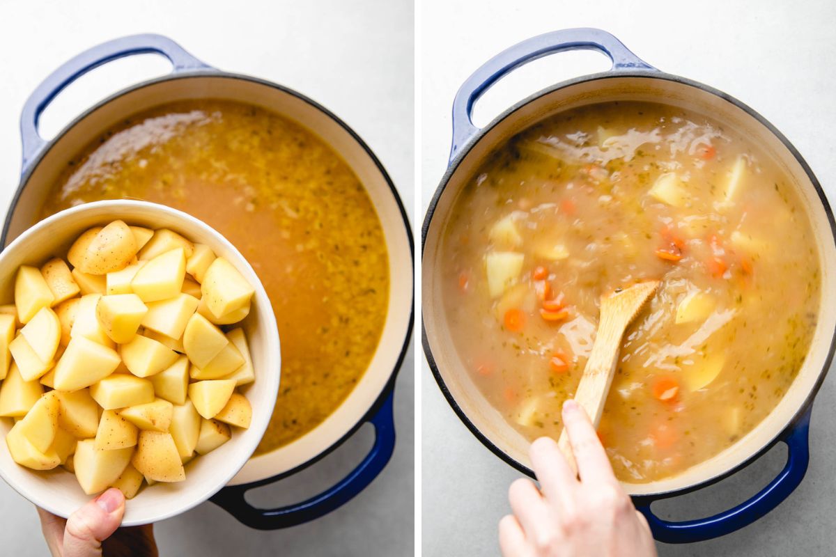 Process photos of adding chopped potatoes to the soup.