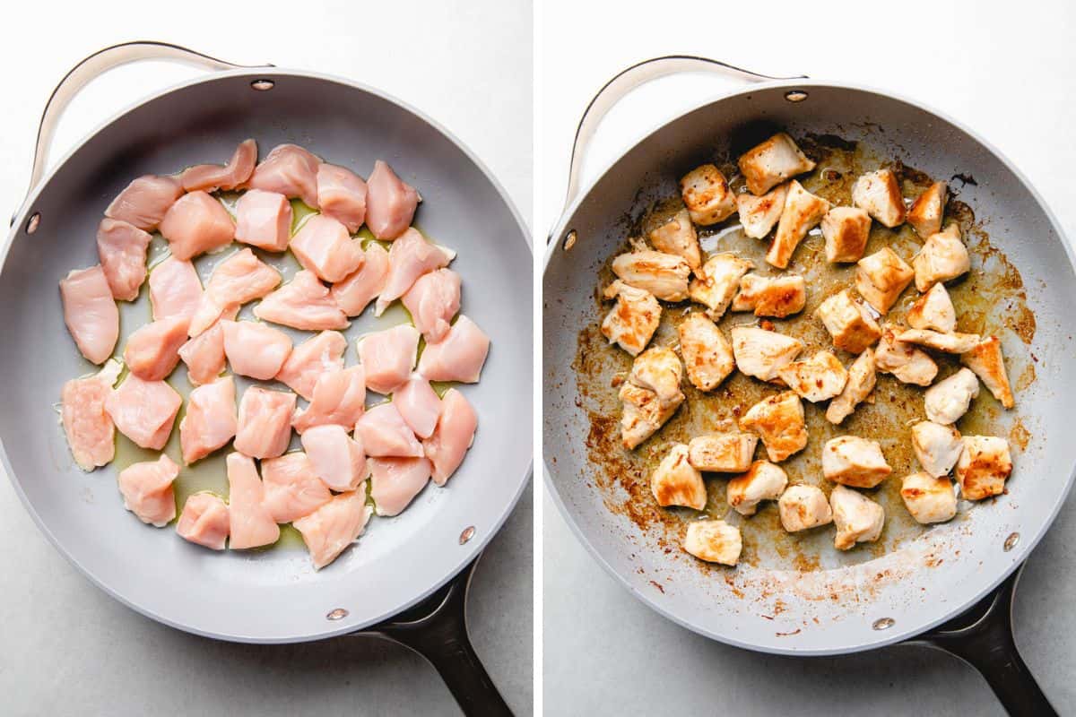Process photos of searing diced chicken.