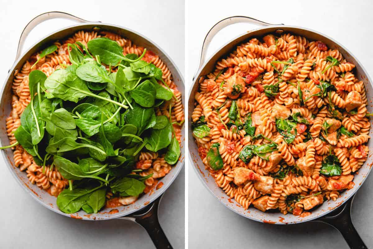 Process photos of adding spinach to pasta in tomato sauce.